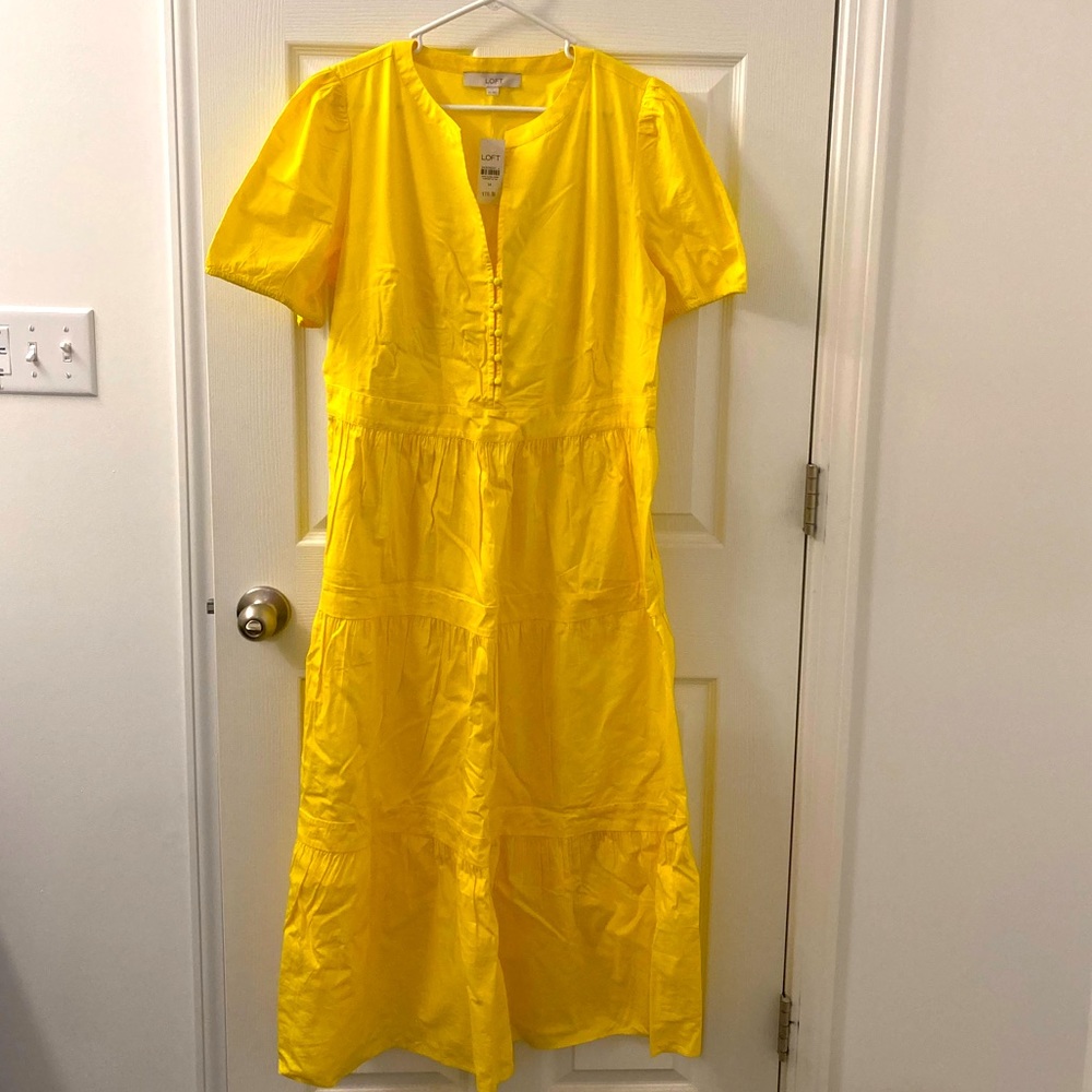 Loft Puff Sleeve Tiered Midi Dress Yellow NWT